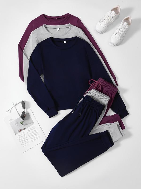 Women's Solid Color Long Sleeve Top & Tie Front Elastic Waist Pants Sets, Casual Round Neck Top & Trousers for Spring & Fall, Fall Matching Suits, Womenswear for Daily Wear, Downtown Girl Clothes